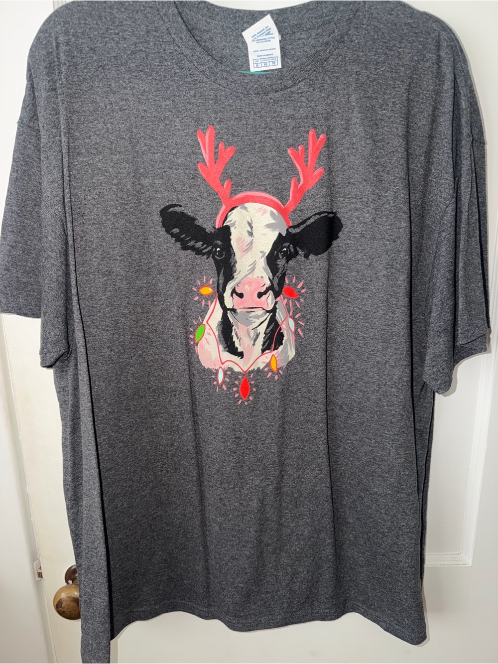 Gray Graphic Cow Tee with Pink Antlers